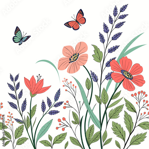 Floral Delight A Vibrant Vector Illustration of Flowers and Butterflies.