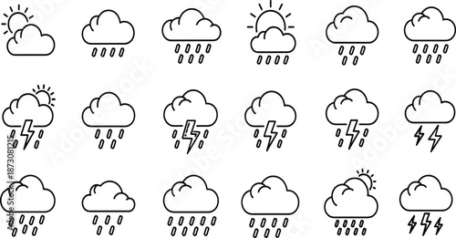 Vector illustration of weather icons—symbols for forecast conditions, climate variation, meteorology reference, UI design, and environmental graphic elements