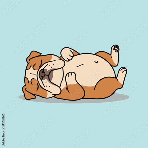 Cute English Bulldog Sleeping On Back With Belly Up - Animal Character Vector Illustration 