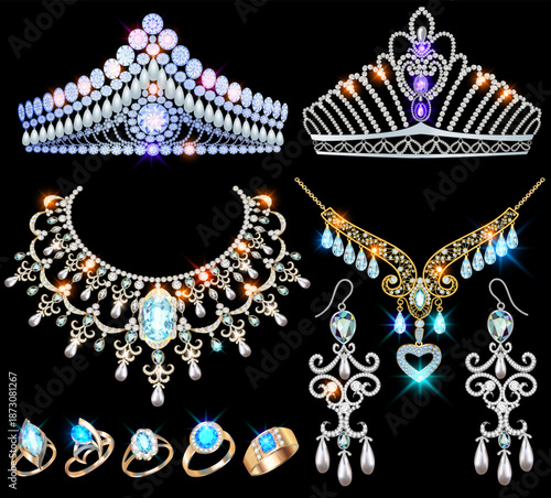 Illustration of a jewelry set with a chain with a pendant, earrings, necklace and tiara  with multi-colored precious stones, beads and pearl.
