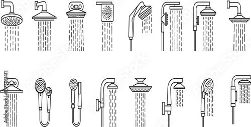 Vector illustration of showerhead icons—symbols for bathroom fixtures, water flow styles, plumbing design, product comparison, and interior planning reference