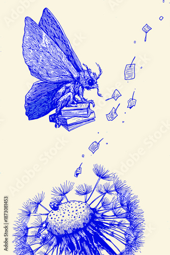 Whimsical Blue Illustration of a Moth and Dandelion