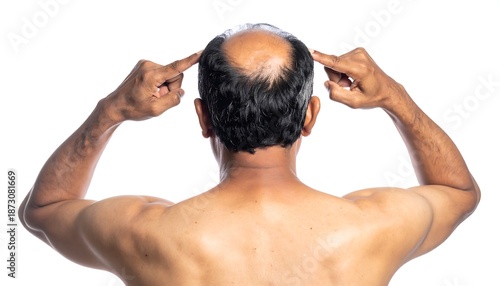 A man pointing at his balding head from behind, highlighting hair loss