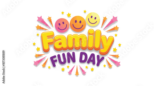 Family Fun Day celebration banner, colorful playful typography with smiling faces illustration, kids event joy happiness party concept