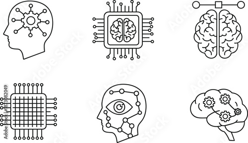 Vector illustration of AI and neural icons—symbols for machine learning, cognitive computing, brain circuits, digital intelligence, and tech innovation