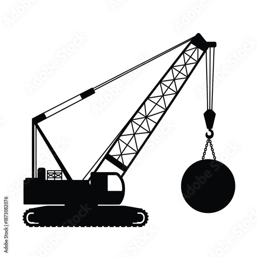 Simple black and white illustration of a construction crane with wrecking ball