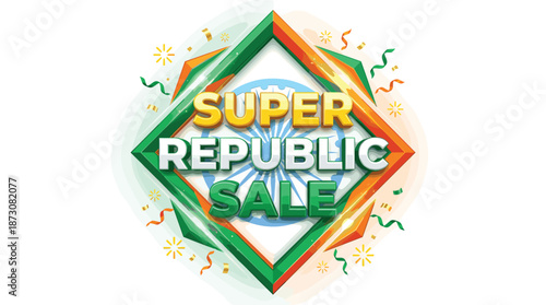 Super Republic Sale banner design, Indian tricolor themed discount promotion illustration, festive shopping celebration concept for marketing campaigns