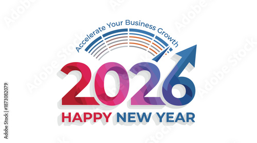 Happy New Year 2026 business growth banner, accelerate success strategy illustration with upward arrow, corporate motivation planning concept