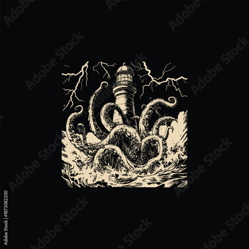 Giant kraken octopus attacking a lighthouse in stormy sea vintage hand drawn illustration