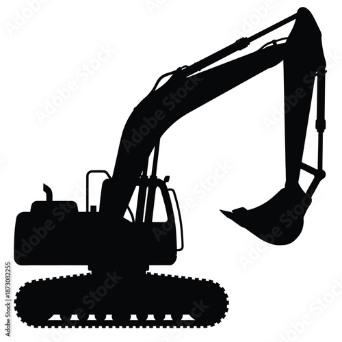a black silhouette of an excavator machine on a white background
