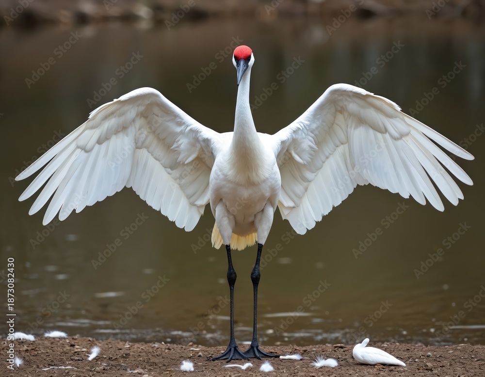 Obraz premium Whooping crane shows off large wings. This bird stands tall displaying a red head feathers and white plumage. Wildlife species portrait in natural environment.