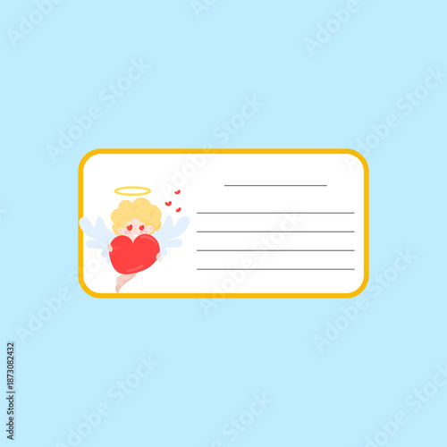 Cute cartoon cupid angel holding a red heart on a customizable name tag template. Perfect for romantic themes, Valentine's Day cards, and personalized gift labels with space for text