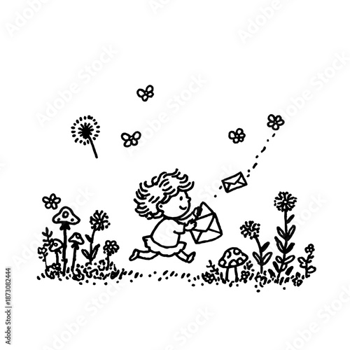 Playful child exploring a whimsical garden