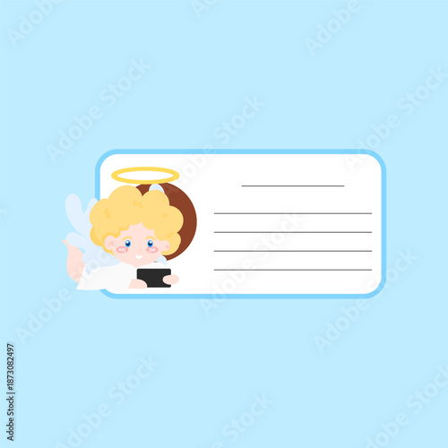 Whimsical cartoon angel with a halo holding a blank customizable nametag, perfect for children's events, personalized labels, and adorable graphic design elements