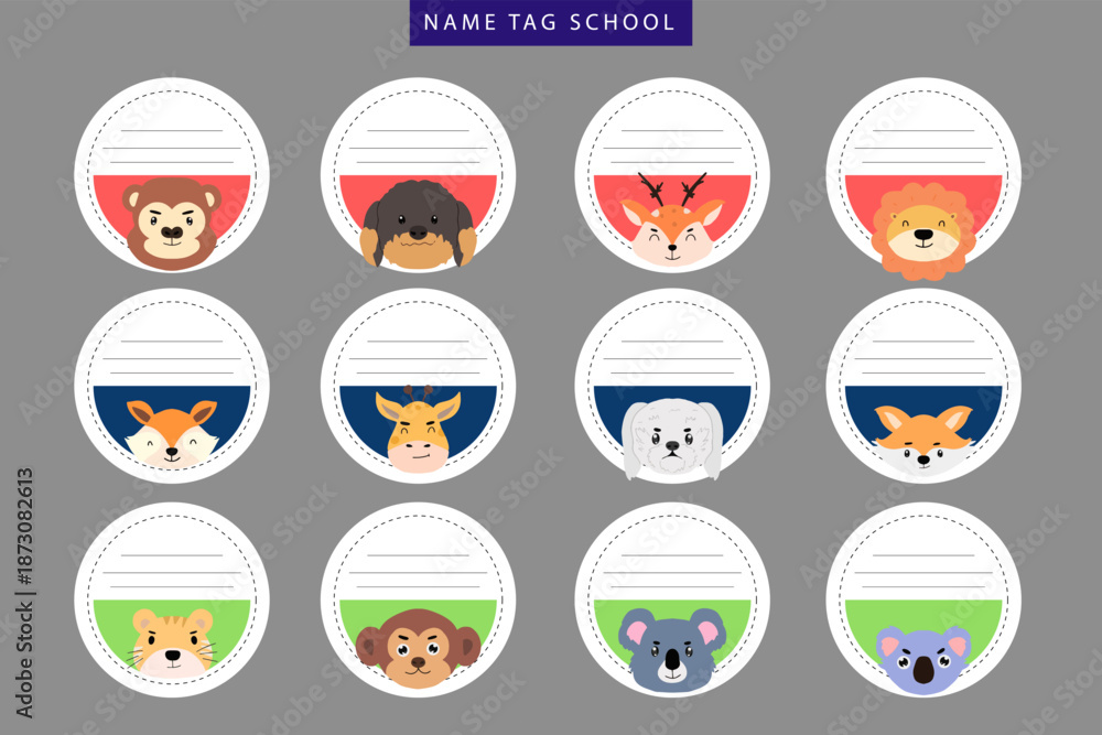 Fototapeta premium Collection of adorable cartoon animal name tags with playful designs perfect for school or events