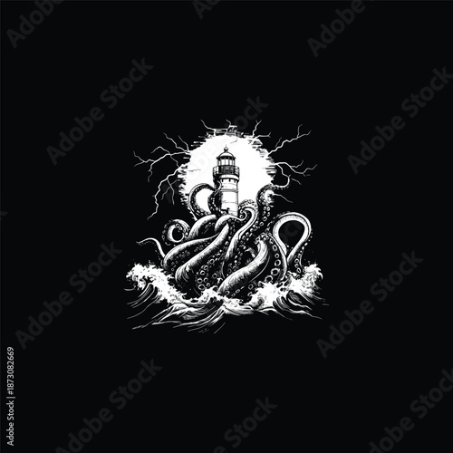 Giant kraken octopus attacking a lighthouse in stormy sea vintage hand drawn illustration