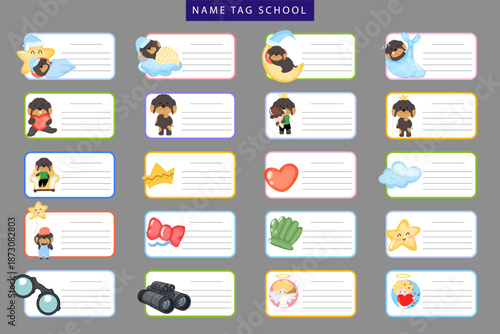 Set of Colorful School Name Tags with Cute Cartoon Illustrations for Kids' Personalization and Identification