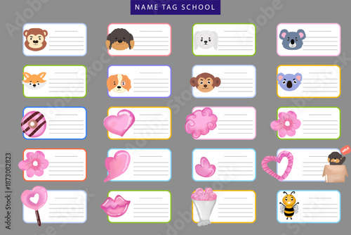 Cute School Name Tags Collection with Various Animal and Object Illustrations for Kids' Personalization, Printable Labels for Books and Supplies