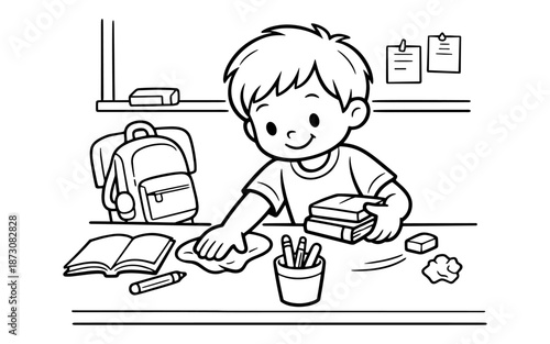 Cute cartoon boy cleaning his desk with a cloth, surrounded by school supplies