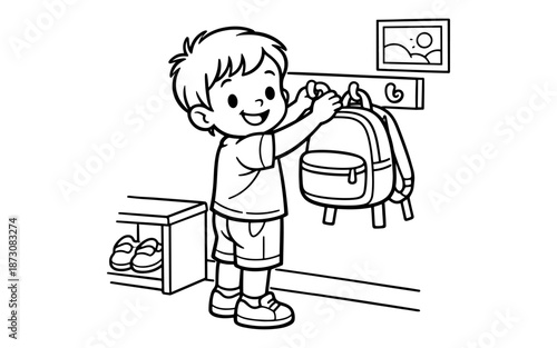 Happy boy hanging his backpack on a hook ready for school adventures