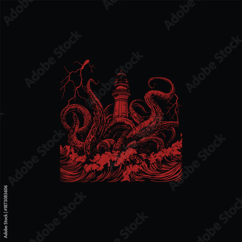 Giant kraken octopus attacking a lighthouse in stormy sea vintage hand drawn illustration