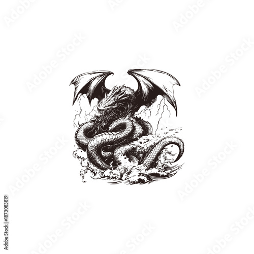 Giant sea dragon or leviathan emerging from stormy waves hand drawn vintage illustration