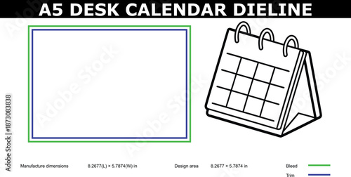 A detailed diagram of an A5 desk calendar template with dimensions and design specifications.
