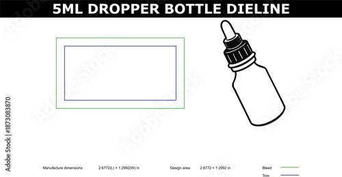 A technical illustration of a 5ml dropper bottle with a detailed die line template for design purposes