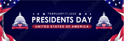 Presidents Day. With American flag and White House. Great for cards, banners, posters, social media and more. Dark blue background.