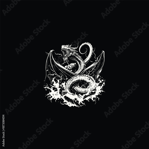 Giant sea dragon or leviathan emerging from stormy waves hand drawn vintage illustration