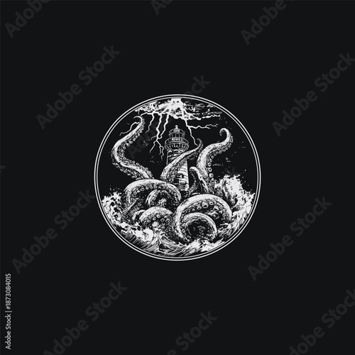 Giant sea dragon or leviathan emerging from stormy waves hand drawn vintage illustration