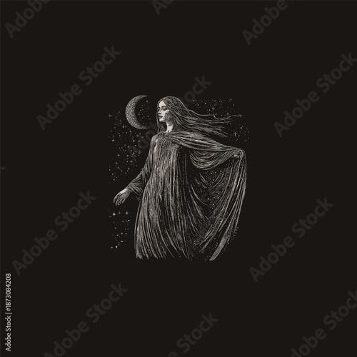 Mystical woman or goddess under crescent moon and starry night sky vintage illustration