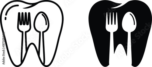 Dual Icon Design of Tooth Shape with Fork and Spoon — Black and White Silhouette Merging Dental and Culinary Concepts
