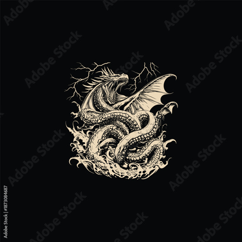 Giant sea dragon or leviathan emerging from stormy waves hand drawn vintage illustration