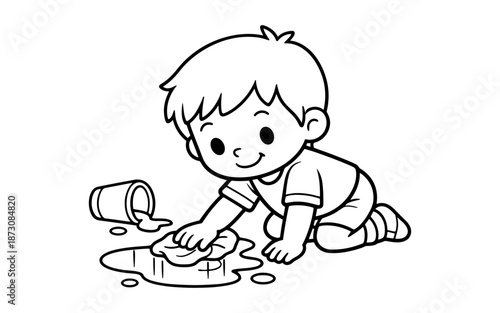 Cute cartoon boy cleaning up a spilled drink with a cloth