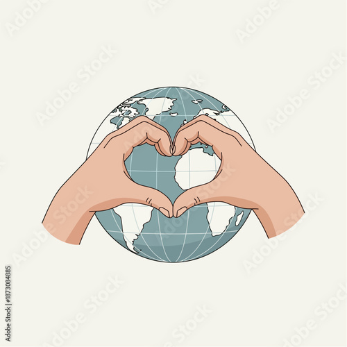 Hands forming heart shape around the earth globe symbolizing love and care for the planet in a simple yet powerful illustration with environment