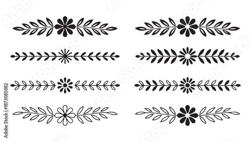 Collection of eight detailed floral dividers: hand-drawn, leaf and flower arrangements