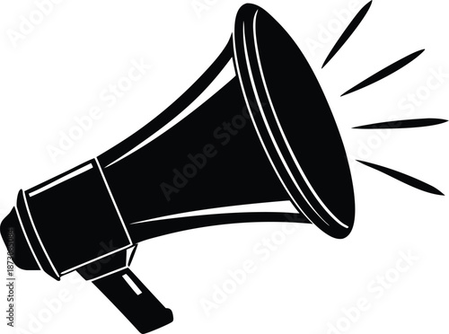 Black megaphone emitting sound waves, Communication and attention symbol