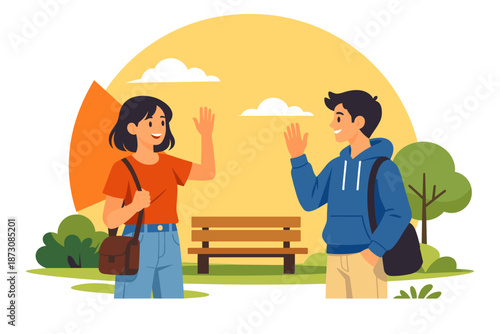 Two young caucasian friends greeting outdoors in a park setting