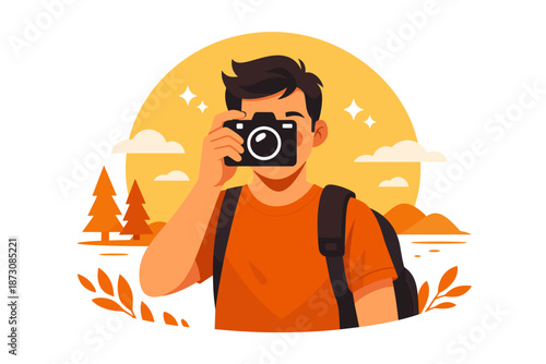 Young asian male photographer capturing scenic sunset landscape illustration