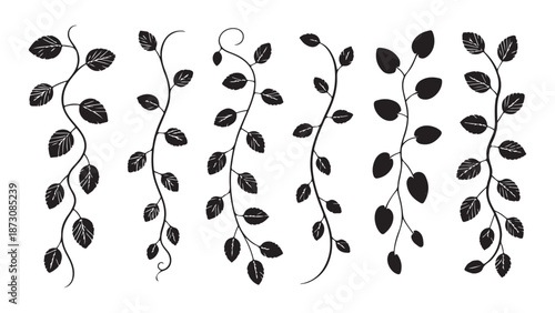 Six silhouette floral decorative elements featuring curled vines and dense foliage accents for design
