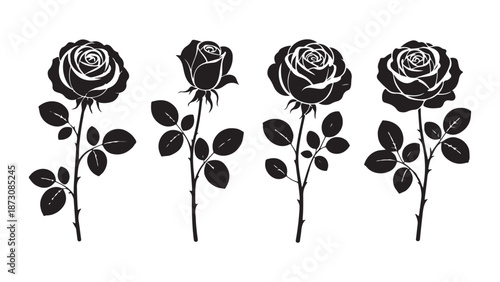 Four sophisticated black silhouette rose and vine corner accents perfect for elegant frames
