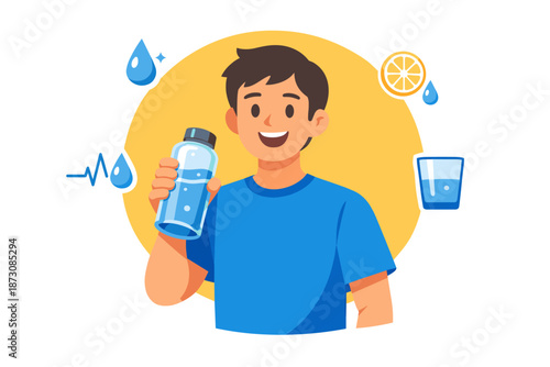 Young caucasian male holding water bottle promoting hydration