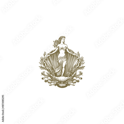 Ancient Greek goddess Venus or Aphrodite born from a sea shell vintage hand drawn illustration