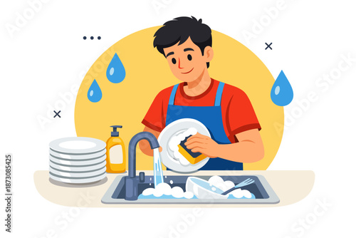 Young asian male washing dishes at kitchen sink in casual attire