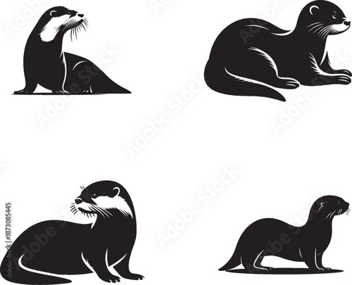 Weasel and Ferret Silhouette Set - Four Black Poses of Small Mammals - Wildlife Mustelid Vector Illustration Isolated on White Background