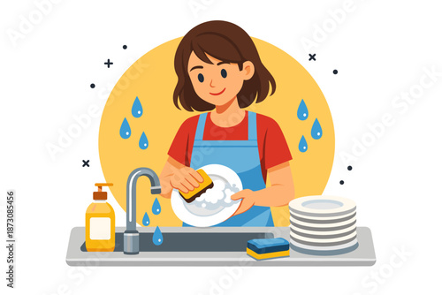 Smiling young female washing dishes in kitchen with soap and sponge
