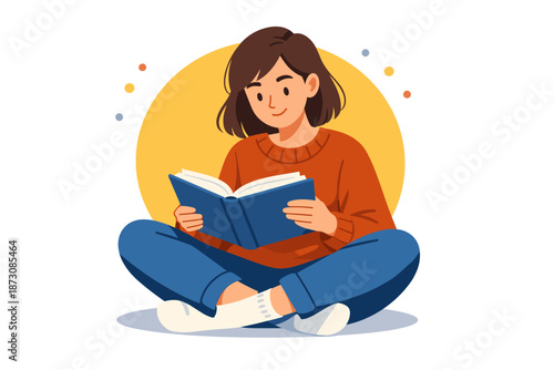 Young asian female reading book in relaxed sitting pose