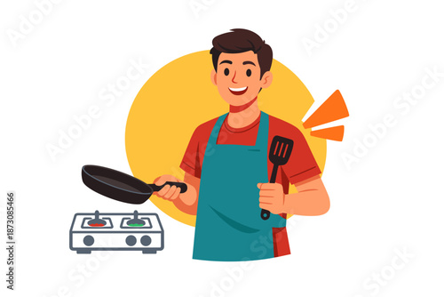 Young hispanic male cooking with pan and spatula in kitchen