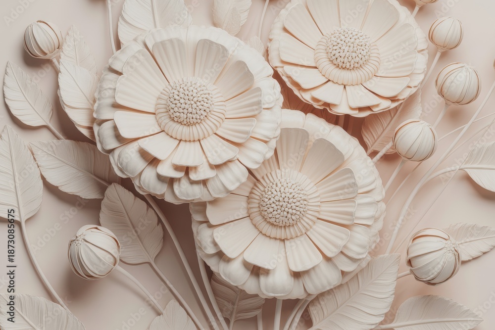 Obraz premium Elegant white three-dimensional paper flowers and leaves close-up art.